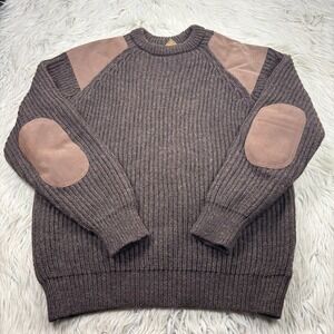Niffi Men's XL Brown Wool Crew Heavyweight Sweater Suede Panel Fisherman Hunting
